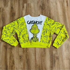 GRINCH Sweatshirt Size M Cropped Pullover Lime Green White Christmas Face Print
